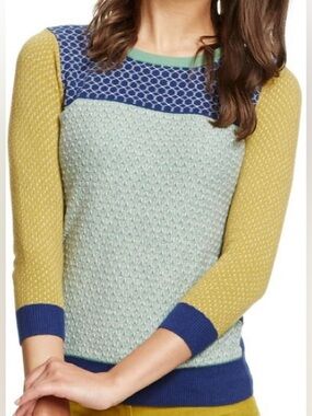 Boden Colorblock Cashmere Blend Jacquard 3/4 Sleeve Crewneck Sweater size 8